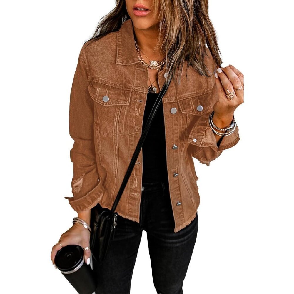 Brand New Women's A-Brown Cotton Necooer Distressed Button-Up Boyfriend Jacket